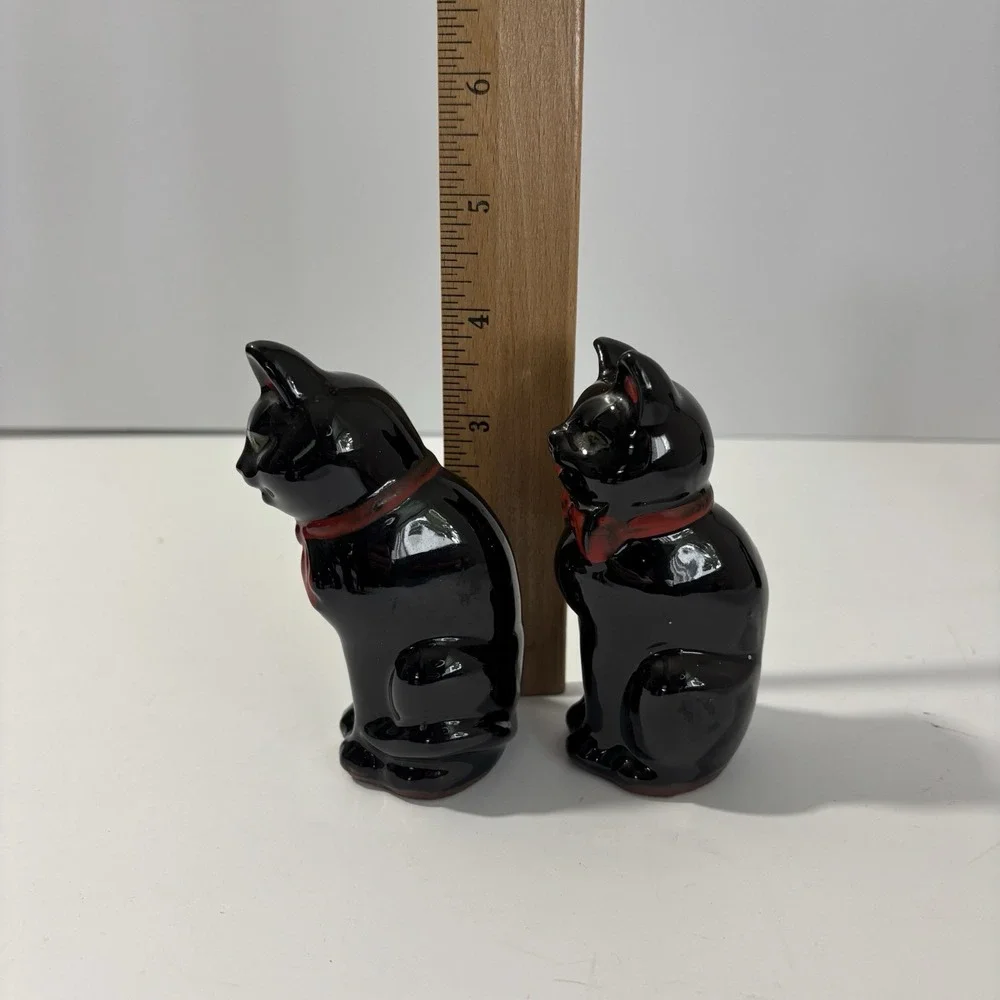 Vintage Shafford Black Cat Salt Pepper Shakers Set Redware Green Eyes Japan